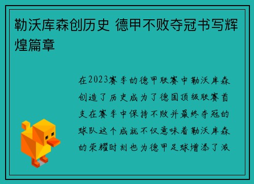 勒沃库森创历史 德甲不败夺冠书写辉煌篇章