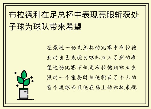 布拉德利在足总杯中表现亮眼斩获处子球为球队带来希望 布拉德利在足总杯中表现亮眼斩获处子球为球队带来希望